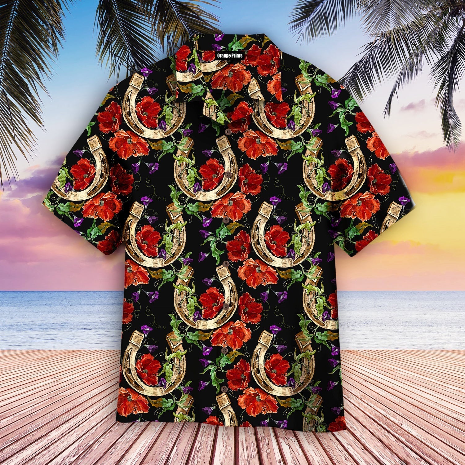 Kentucky Horse Racing Gold Horseshoe Red Poppies Flowers Hawaiian Shirt - Wonder Print Shop