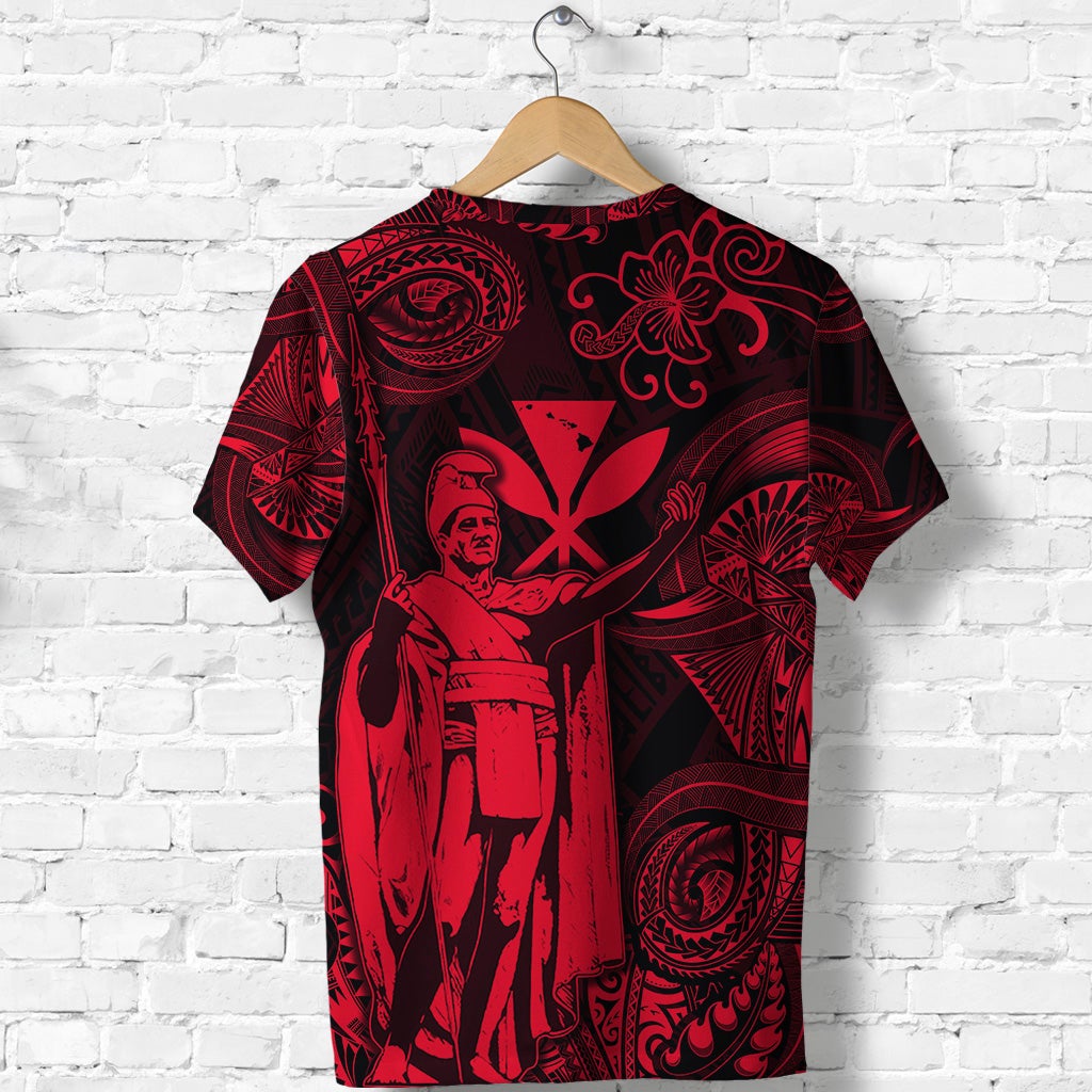 Red graphic T-shirt with Kamehameha portrait and geometric Polynesian scroll patterns