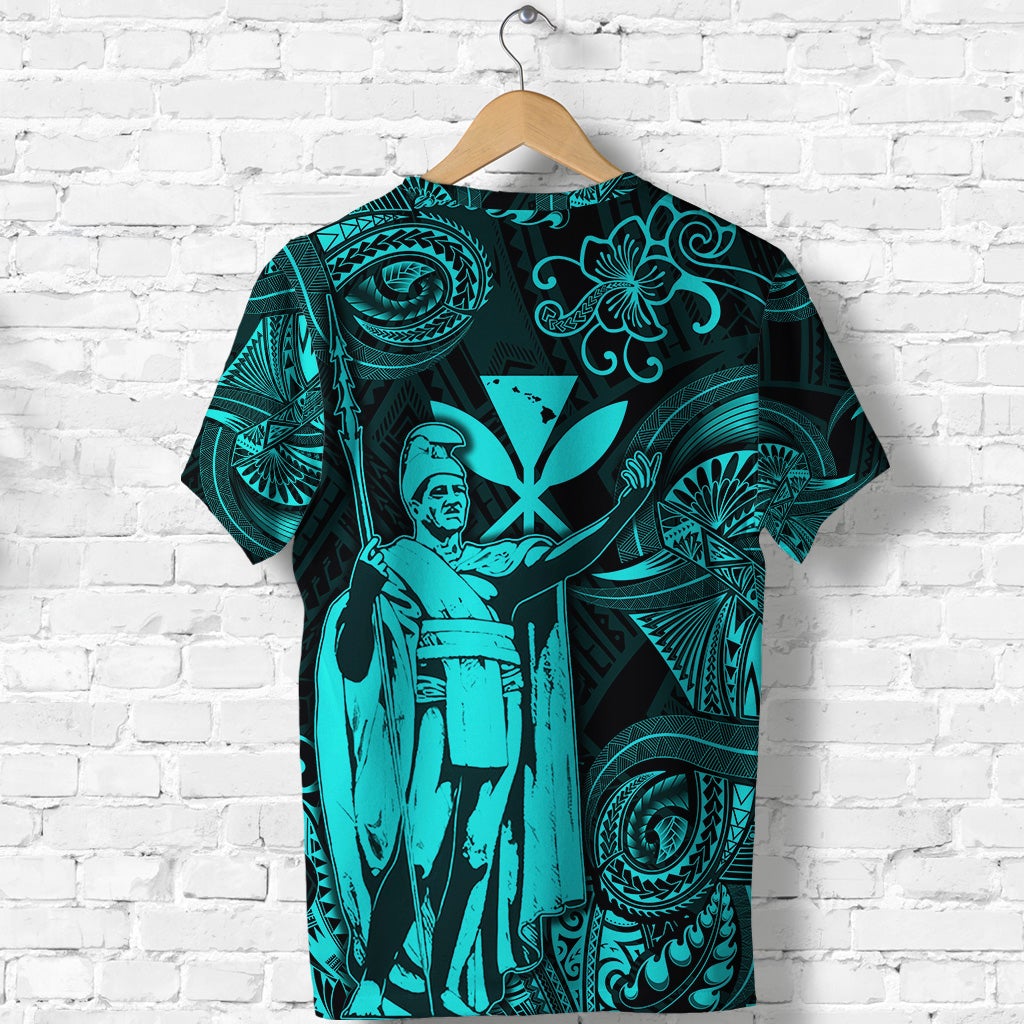Turquoise Polynesian T-shirt with central portrait and tribal floral swirl print