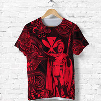 Red and black Polynesian Kamehameha graphic T-shirt with floral and tribal patterns