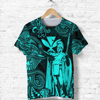 Turquoise Polynesian-style T-shirt with Kamehameha portrait and swirling tribal patterns