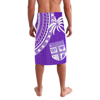 Purple graphic sarong lavalava with palm tree print panels and geometric stripe pattern
