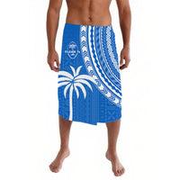 Blue knee-length lavalava with palm print and white geometric patterns