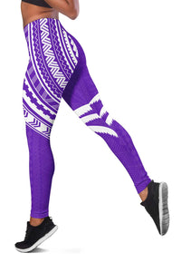 Purple women's leggings with white tribal tapa pattern, full-length ankle fit.