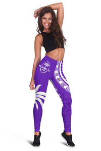 Purple women's leggings with white tribal print and Fijian 7s logo on thigh.