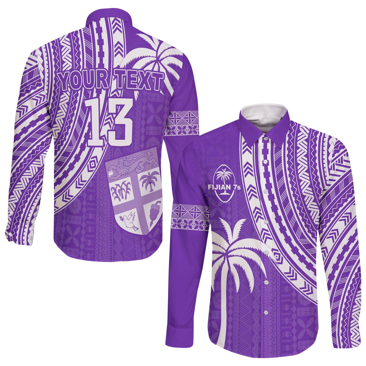 Custom Text and Number Fiji Rugby Sevens Long Sleeve Button Shirt Fijian 7s Tapa Polynesian Purple LT13 - Wonder Print Shop