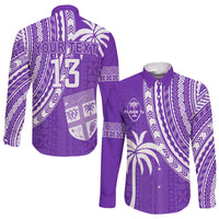 Purple long-sleeve button rugby shirt with white tribal patterns and custom text on back