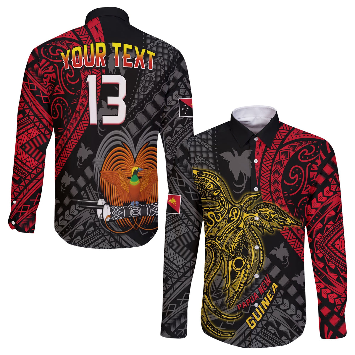 Custom Text and Number Papua New Guinea Long Sleeve Button Shirt Raggiana Birds Of Paradise Happy 47th Independence Day LT13 - Wonder Print Shop