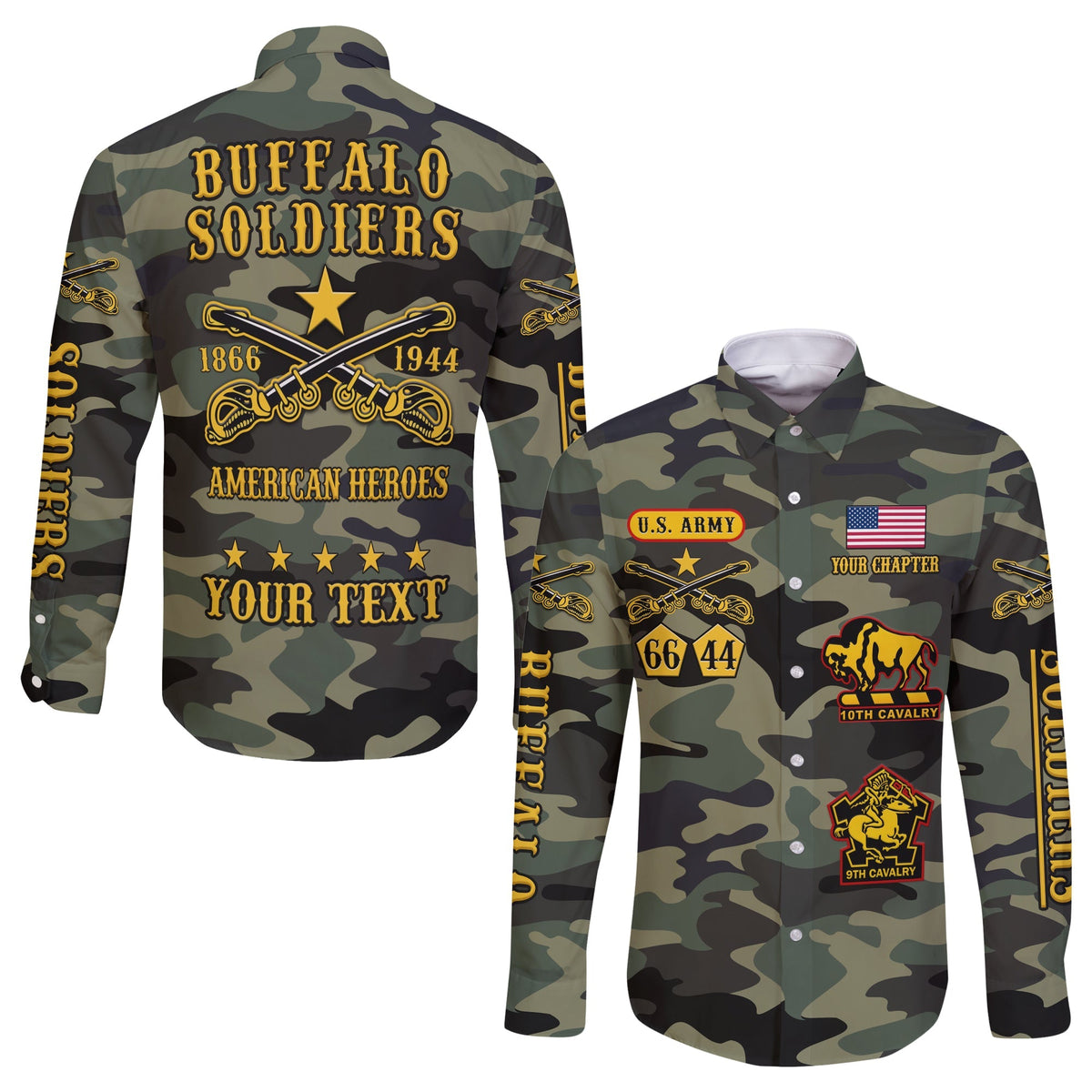 (Custom Text and Chapter) Buffalo Soldiers Long Sleeve Button Shirt Camouflage American Heroes BSMC LT13 - Wonder Print Shop