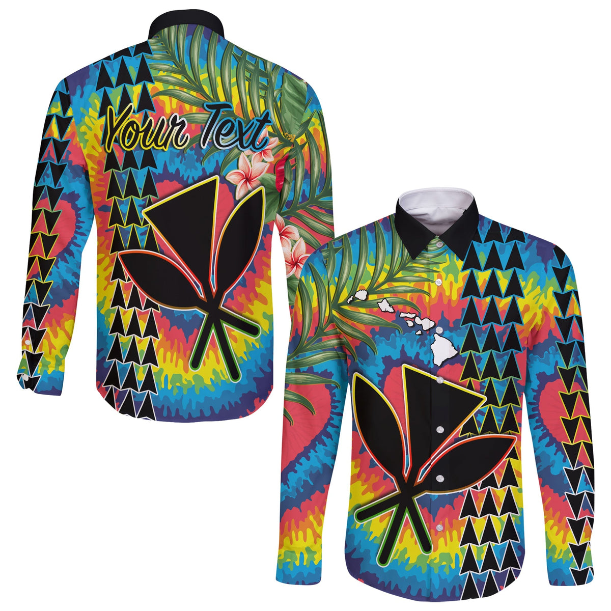 (Custom Personalised) Hawaii Rainbow Tie Dye Long Sleeve Button Shirt Flowers Polynesian Hawaiian Tribal LT13 - Wonder Print Shop