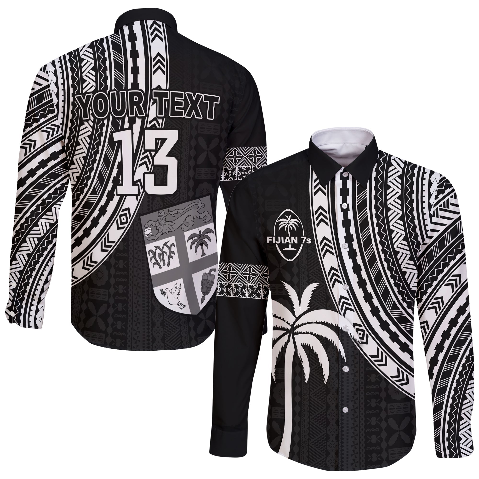 Custom Text and Number Fiji Rugby Sevens Long Sleeve Button Shirt Fijian 7s Tapa Polynesian LT13 - Wonder Print Shop
