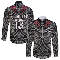 Custom Text and Number New Zealand Silver Fern Rugby Long Sleeve Button Shirt All Black NZ Maori Pattern LT13 - Wonder Print Shop