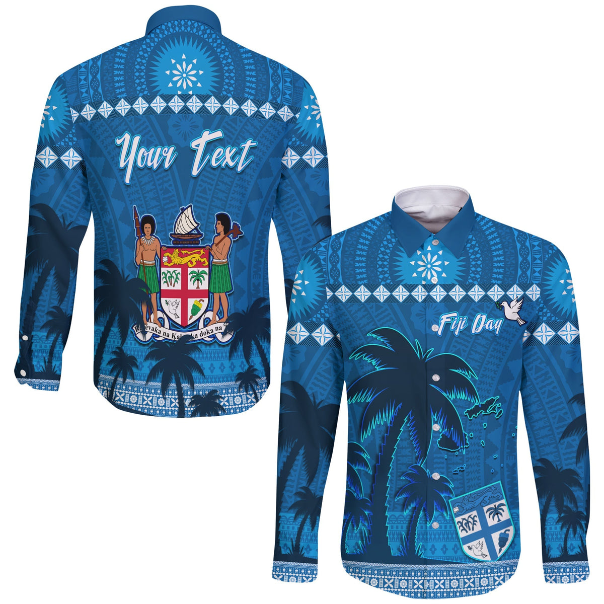 Custom Personalised Bula Fiji Day Long Sleeve Button Shirt Fijian Tapa with Palm Tree 52nd Anniversary LT13 - Wonder Print Shop