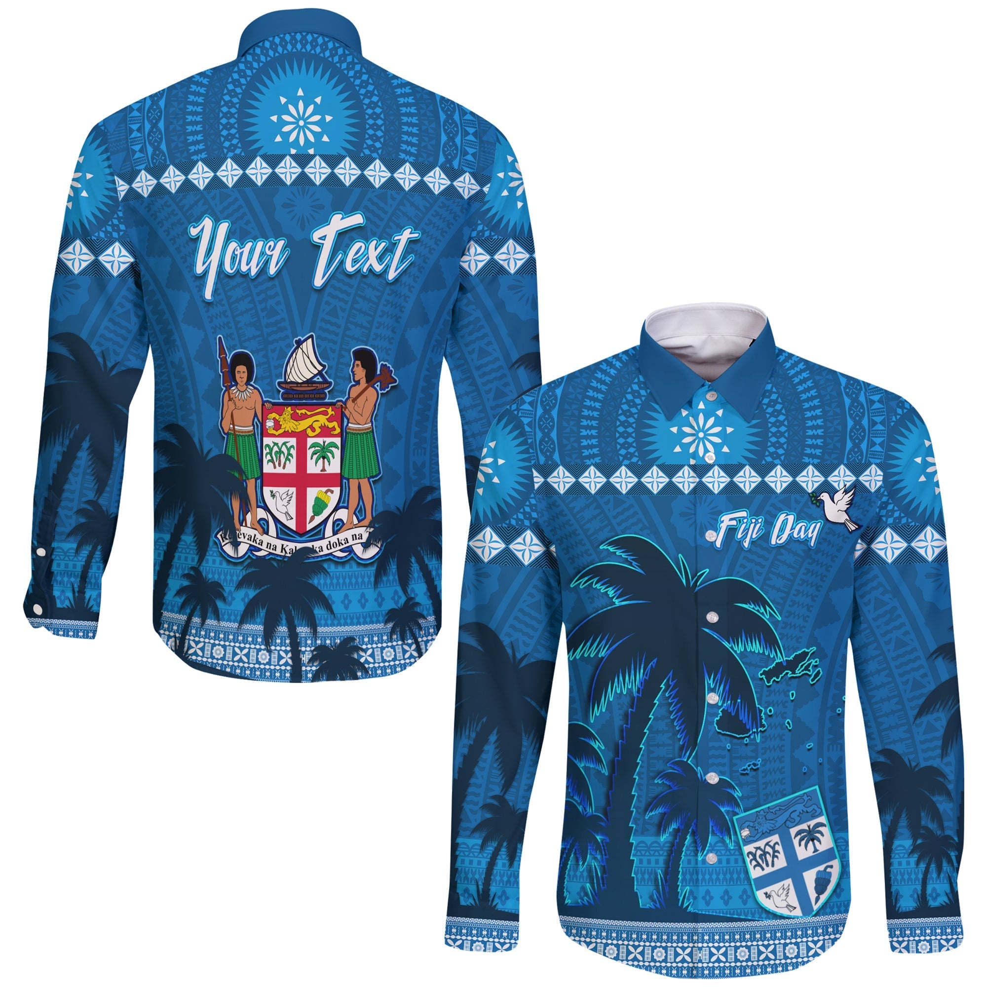 Custom Personalised Bula Fiji Day Long Sleeve Button Shirt Fijian Tapa with Palm Tree 52nd Anniversary LT13 - Wonder Print Shop