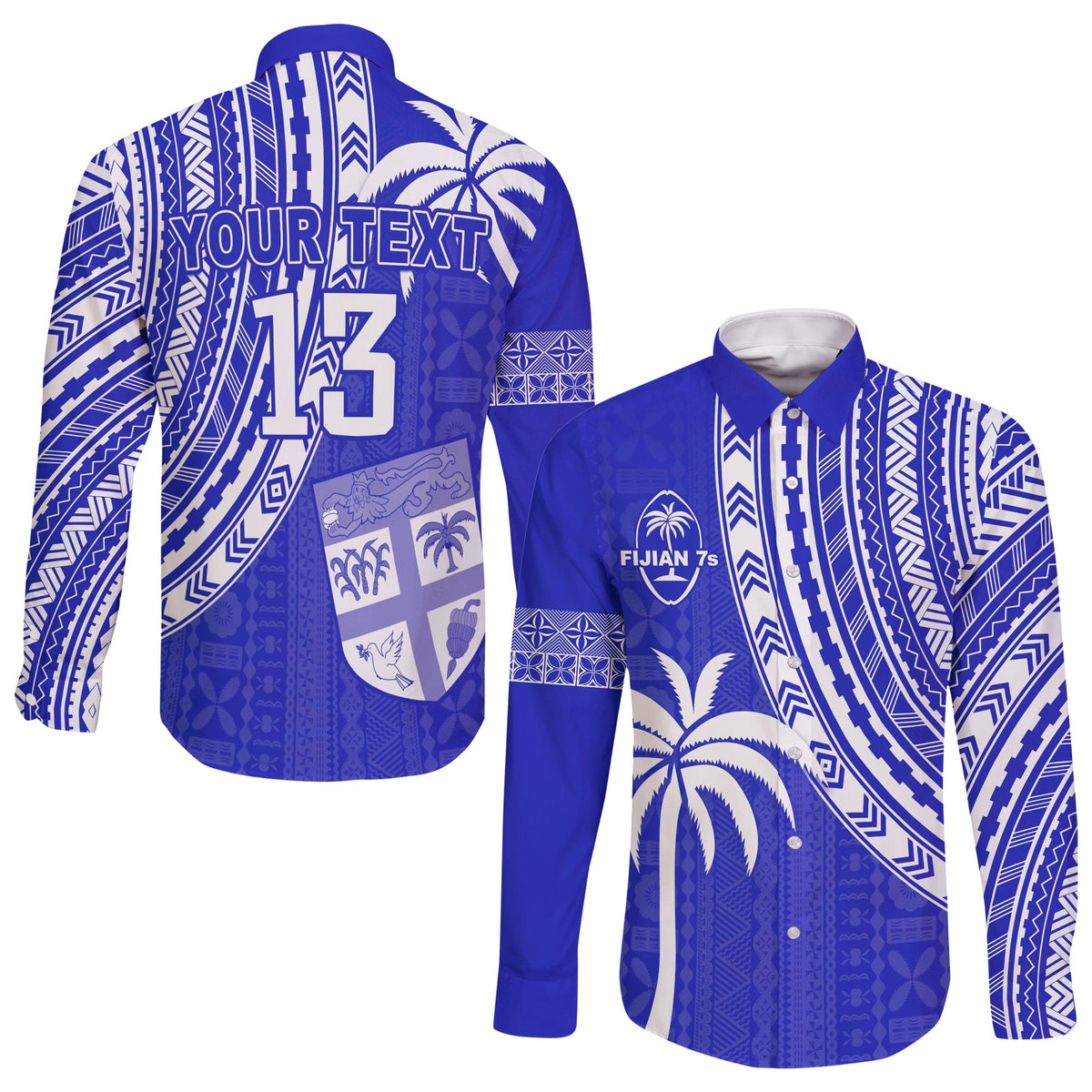 Custom Text and Number Fiji Rugby Sevens Long Sleeve Button Shirt Fijian 7s Tapa Polynesian Blue Ver.02 LT13 - Wonder Print Shop