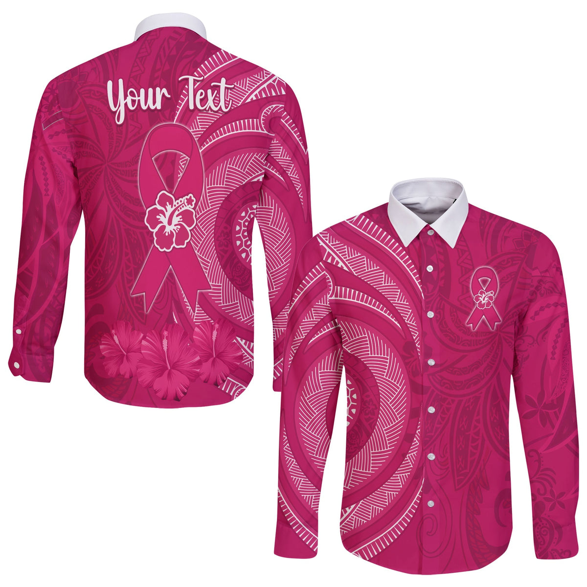 Custom Personalised Breast Cancer Awareness Long Sleeve Button Shirt Hibiscus Polynesian No One Fights Alone LT13 - Wonder Print Shop