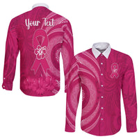 Custom Personalised Breast Cancer Awareness Long Sleeve Button Shirt Hibiscus Polynesian No One Fights Alone LT13 - Wonder Print Shop