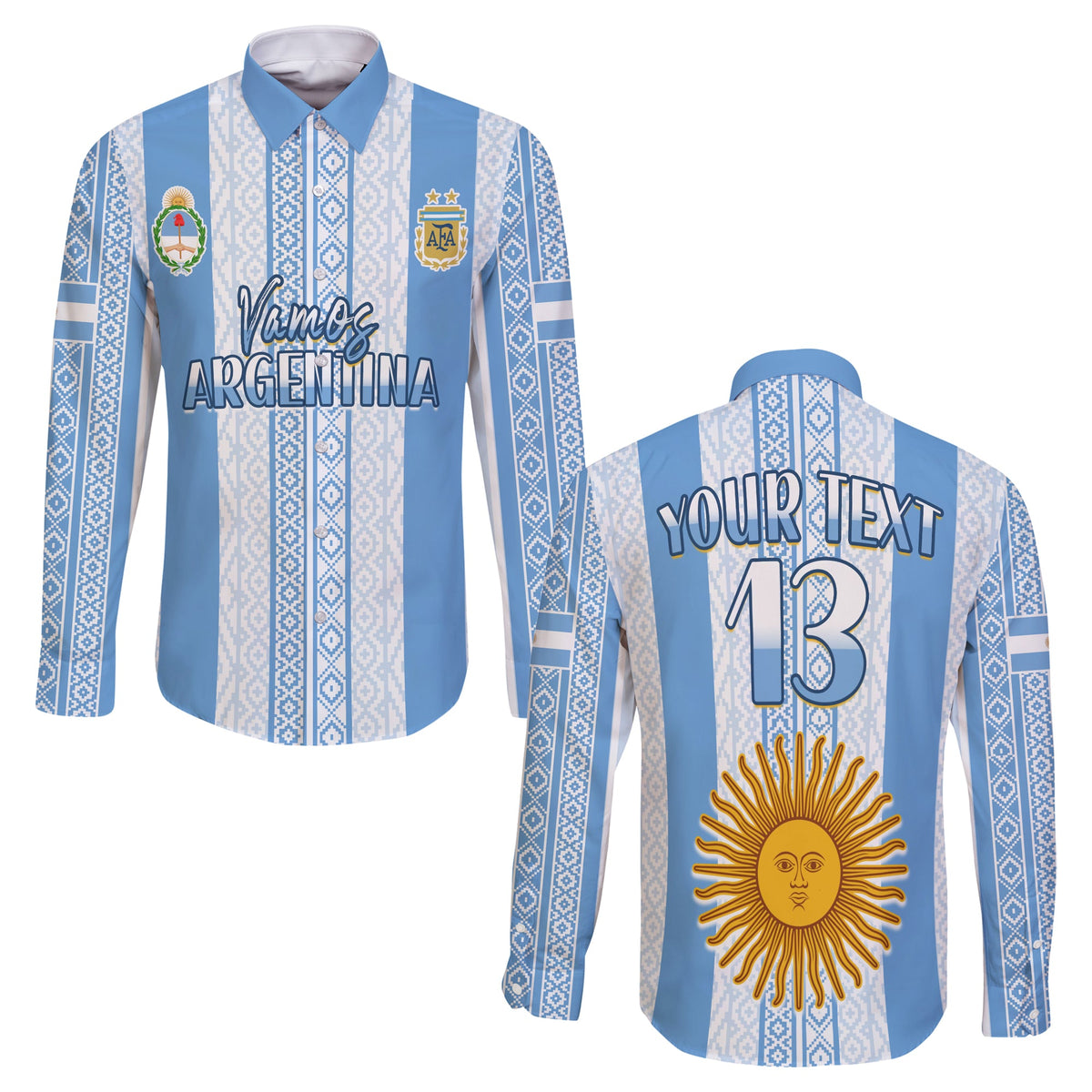 (Custom Text and Number) Argentina Football Long Sleeve Button Shirt Champions World Cup Gaucho Vamos LT13 - Wonder Print Shop