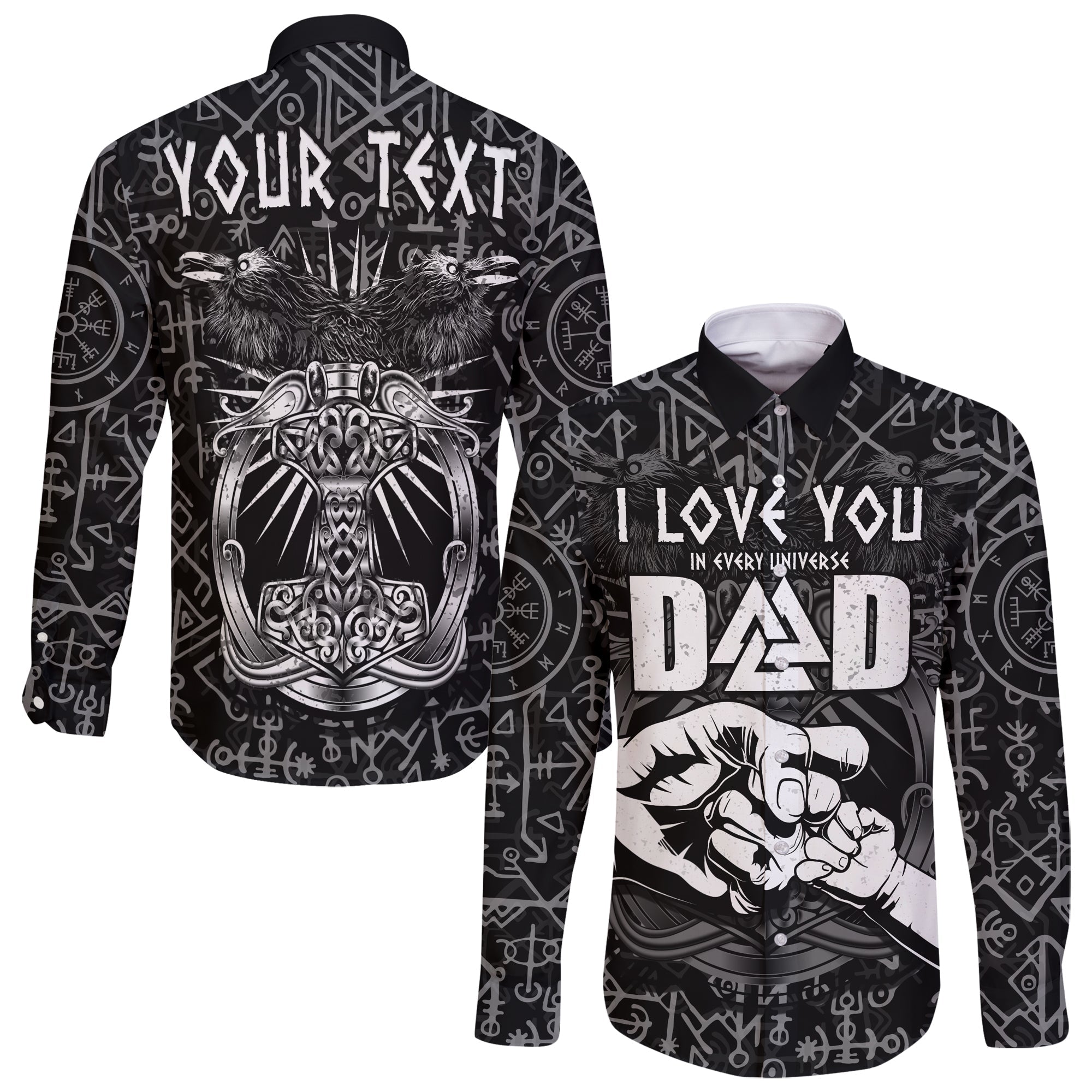 (Custom Personalised) Viking Dad Long Sleeve Button Shirt Happy Fathers Day Style Runes and Mjolnir LT13 - Wonder Print Shop
