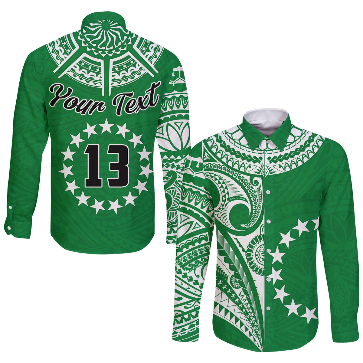 (Custom Text and Number) Cook Islands Tatau Long Sleeve Button Shirt Symbolize Passion Stars Version Green LT13 - Wonder Print Shop