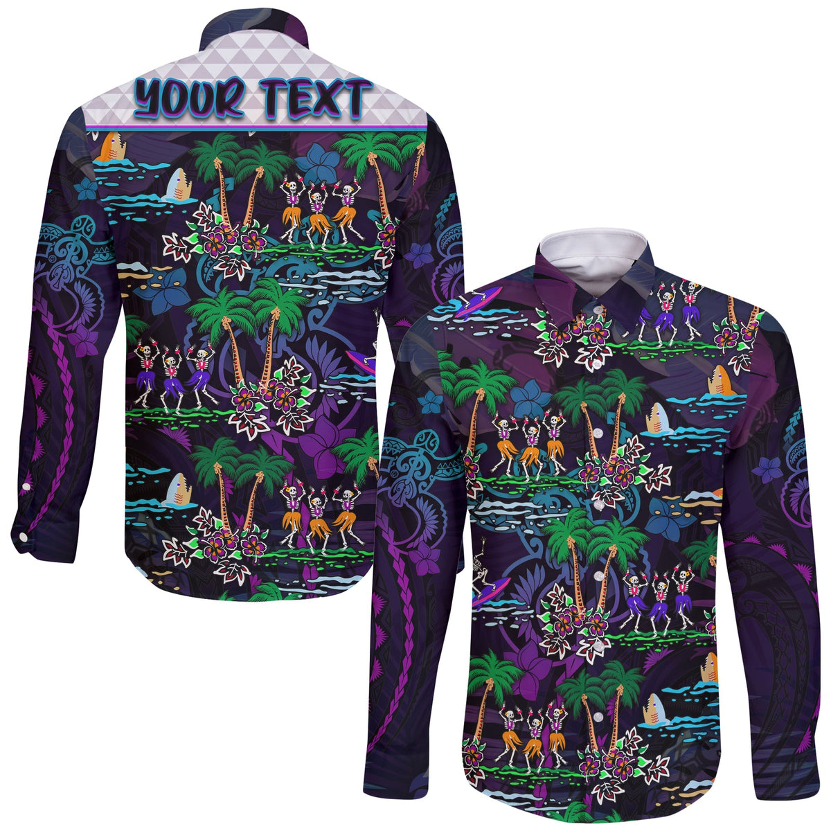 Custom Personalised Hawaii Skeleton Dancing Long Sleeve Button Shirt Halloween Hawaiian Turtle LT13 - Wonder Print Shop