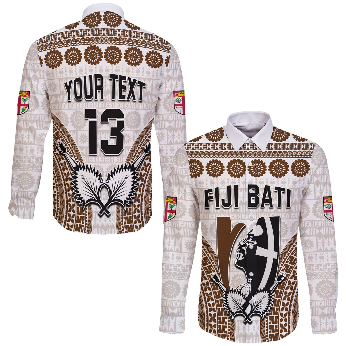 Custom Text and Number Fiji Rugby Bati Long Sleeve Button Shirt Proud Tapa Pattern LT13 - Wonder Print Shop