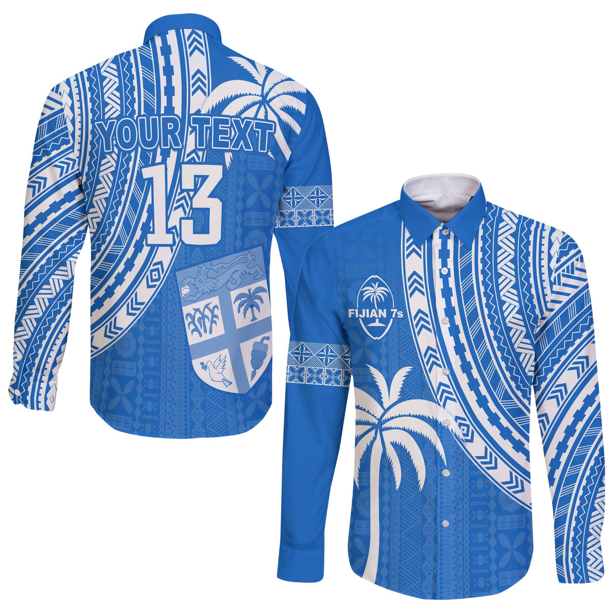 Custom Text and Number Fiji Rugby Sevens Long Sleeve Button Shirt Fijian 7s Tapa Polynesian Blue Ver.01 LT13 - Wonder Print Shop