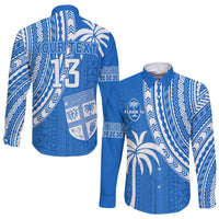 Unisex blue long-sleeve button shirt with white Polynesian pattern and custom text, front and back