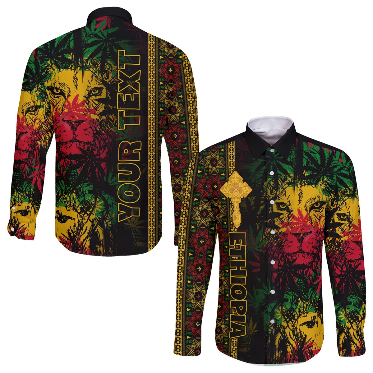 (Custom Personalised) Ethiopia Lion Reggae Hawaii Long Sleeve Button Shirt Ethiopian Cross LT13 - Wonder Print Shop