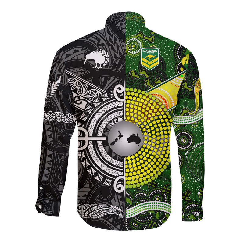 New Zealand Maori All Black And Australia Kangaroos Aboriginal Hawaii Long Sleeve Button Shirt Rugby Together LT8 - Wonder Print Shop
