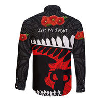 New Zealand Maori ANZAC Hawaii Long Sleeve Button Shirt Remembrance Soldier Black LT8 - Wonder Print Shop