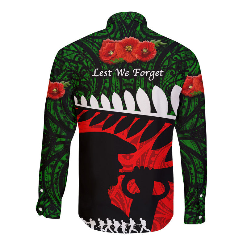 New Zealand Maori ANZAC Hawaii Long Sleeve Button Shirt Remembrance Soldier Green LT8 - Wonder Print Shop