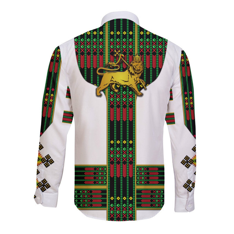 Ethiopia Hawaii Long Sleeve Button Shirt Ethiopian Lion Of Judah Tibeb Vibes - Flag Style LT8 - Wonder Print Shop