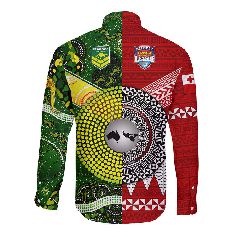 Mate Ma'a Tonga Ngatu And Australia Kangaroos Aboriginal Hawaii Long Sleeve Button Shirt Rugby Together LT8 - Wonder Print Shop