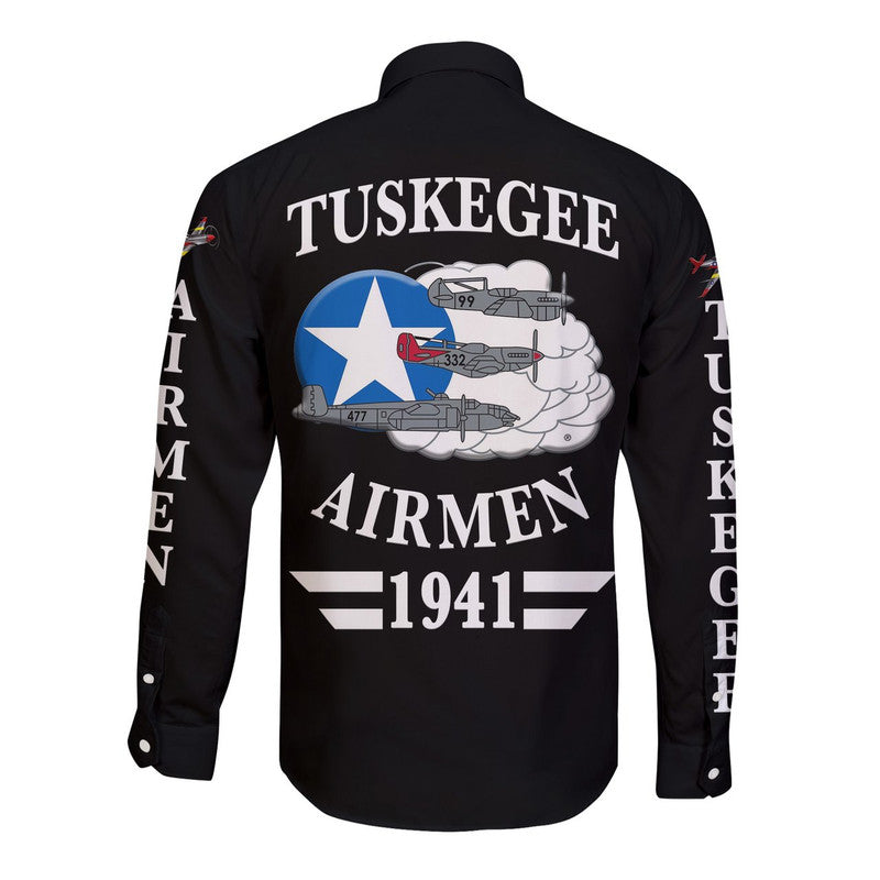 (Custom Personalised) Tuskegee Airmen Hawaii Long Sleeve Button Shirt The Red Tails Original Style - Black LT8 - Wonder Print Shop