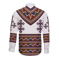 White long-sleeve button shirt back with multicolor zigzag and diamond pattern panels