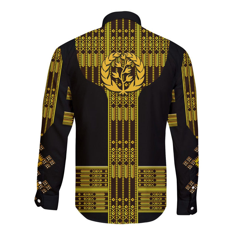 Eritrea Hawaii Long Sleeve Button Shirt Fancy Tibeb Vibes - Black LT8 - Wonder Print Shop
