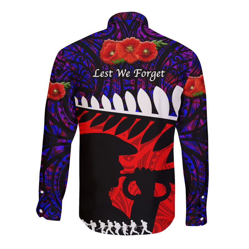 New Zealand Maori ANZAC Hawaii Long Sleeve Button Shirt Remembrance Soldier Purple LT8 - Wonder Print Shop