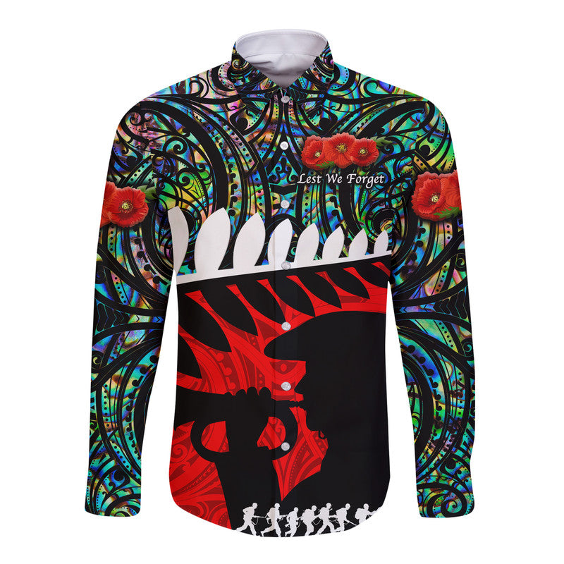 New Zealand Maori ANZAC Hawaii Long Sleeve Button Shirt Remembrance Soldier Paua Shell LT8 - Wonder Print Shop