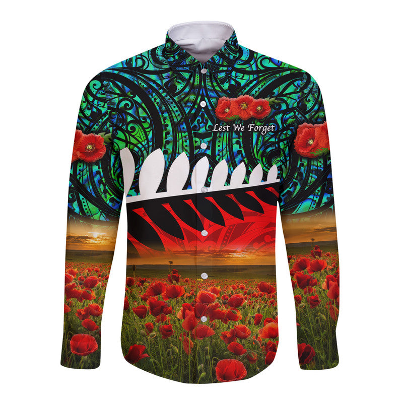 New Zealand Maori ANZAC Hawaii Long Sleeve Button Shirt Poppy Vibes Turquoise LT8 - Wonder Print Shop