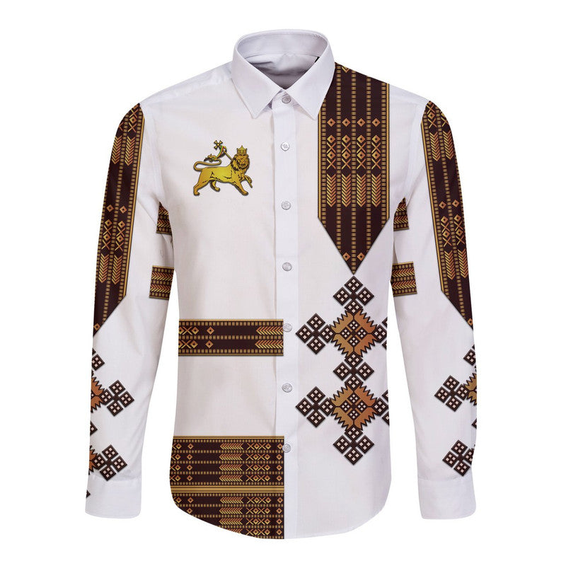 Ethiopia Hawaii Long Sleeve Button Shirt Ethiopian Lion Of Judah Simple Tibeb Style - White LT8 - Wonder Print Shop