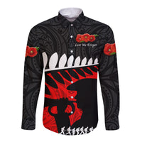 New Zealand Maori ANZAC Hawaii Long Sleeve Button Shirt Remembrance Soldier Black LT8 - Wonder Print Shop