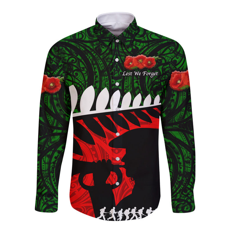 New Zealand Maori ANZAC Hawaii Long Sleeve Button Shirt Remembrance Soldier Green LT8 - Wonder Print Shop