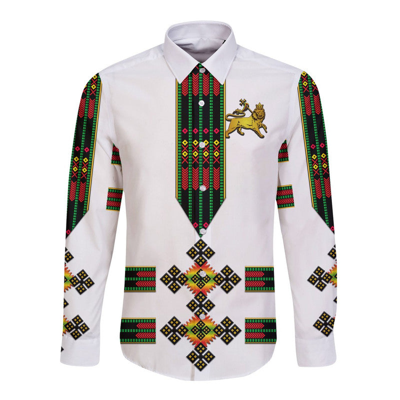 Ethiopia Hawaii Long Sleeve Button Shirt Ethiopian Lion Of Judah Tibeb Vibes NO.1 Ver - Flag Style LT8 - Wonder Print Shop
