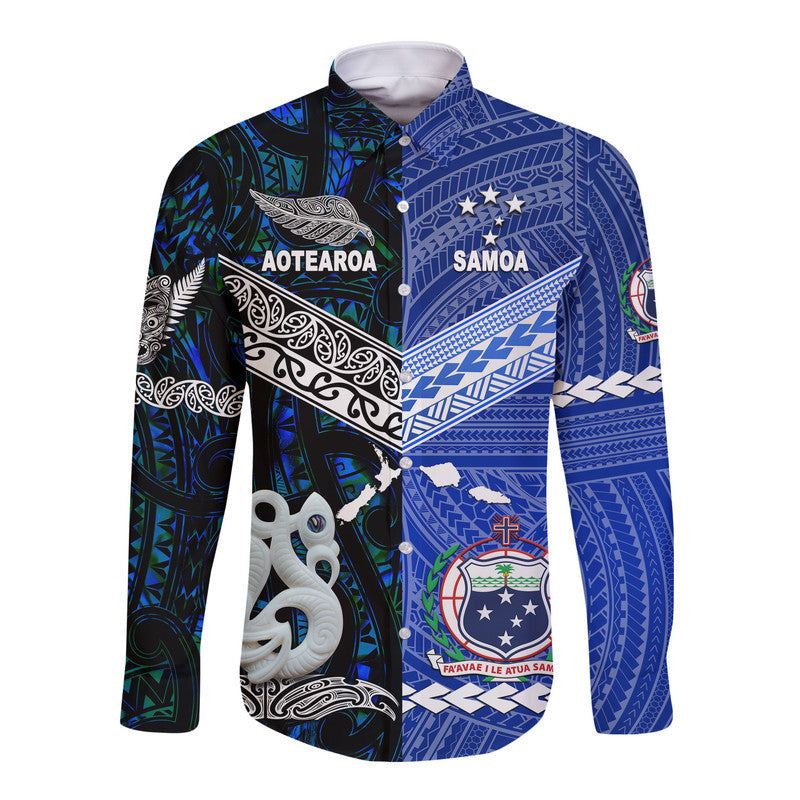 Samoa and New Zealand Hawaii Long Sleeve Button Shirt Together Blue LT8 - Wonder Print Shop