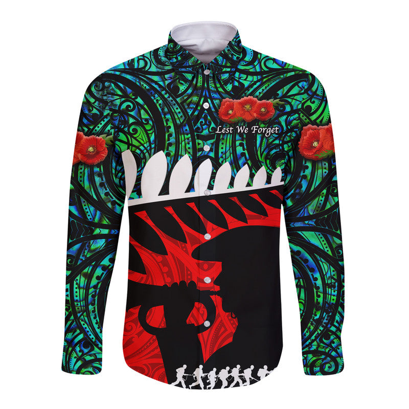 New Zealand Maori ANZAC Hawaii Long Sleeve Button Shirt Remembrance Soldier Turquoise LT8 - Wonder Print Shop