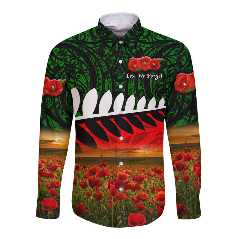 New Zealand Maori ANZAC Hawaii Long Sleeve Button Shirt Poppy Vibes Green LT8 - Wonder Print Shop
