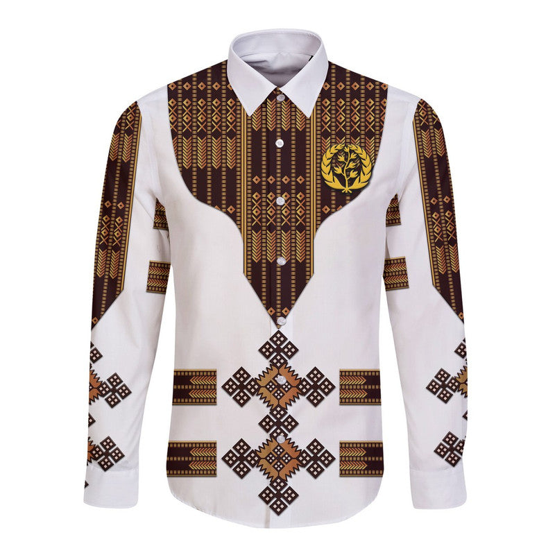 (Custom Personalised) Eritrea Hawaii Long Sleeve Button Shirt Fancy Tibeb Vibes - White LT8 - Wonder Print Shop