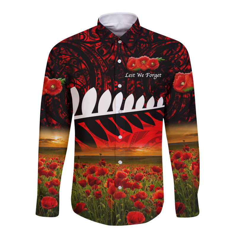 New Zealand Maori ANZAC Hawaii Long Sleeve Button Shirt Poppy Vibes Red LT8 - Wonder Print Shop
