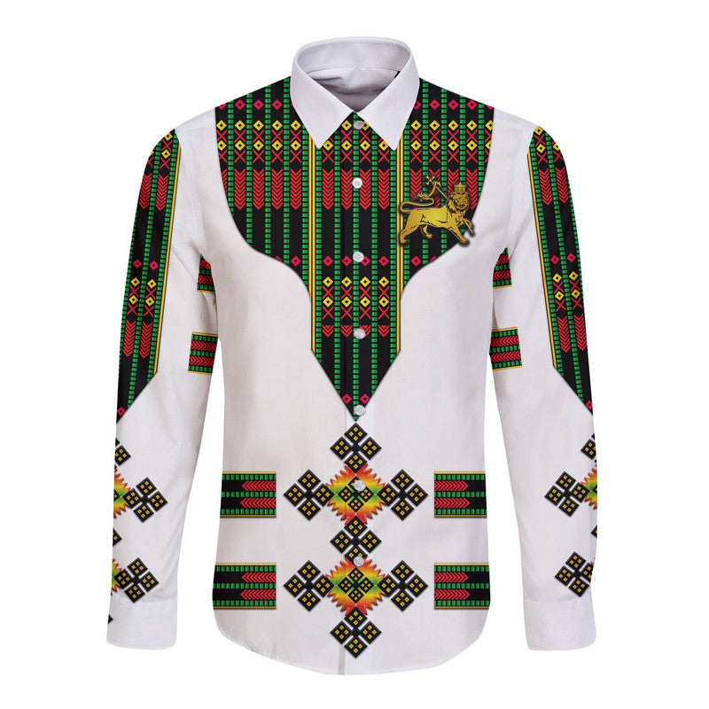 Ethiopia Hawaii Long Sleeve Button Shirt Ethiopian Lion Of Judah Tibeb Vibes - Flag Style LT8 - Wonder Print Shop